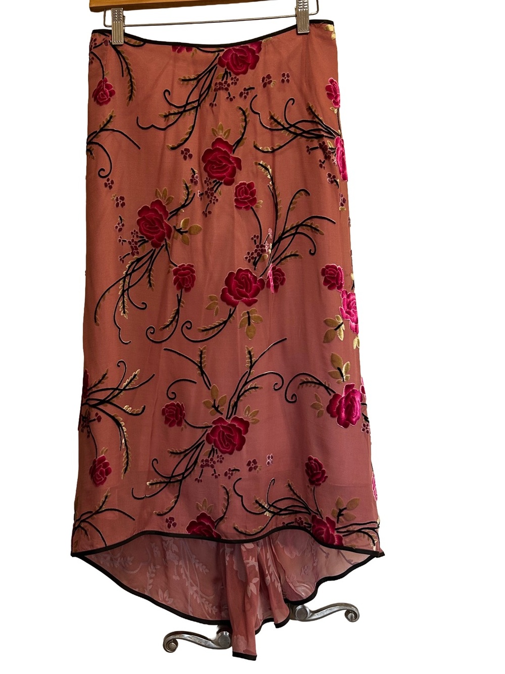 Vintage di vita Silk Blend Velvet Burnout High Low Maxi Skirt Pink Floral Y2K